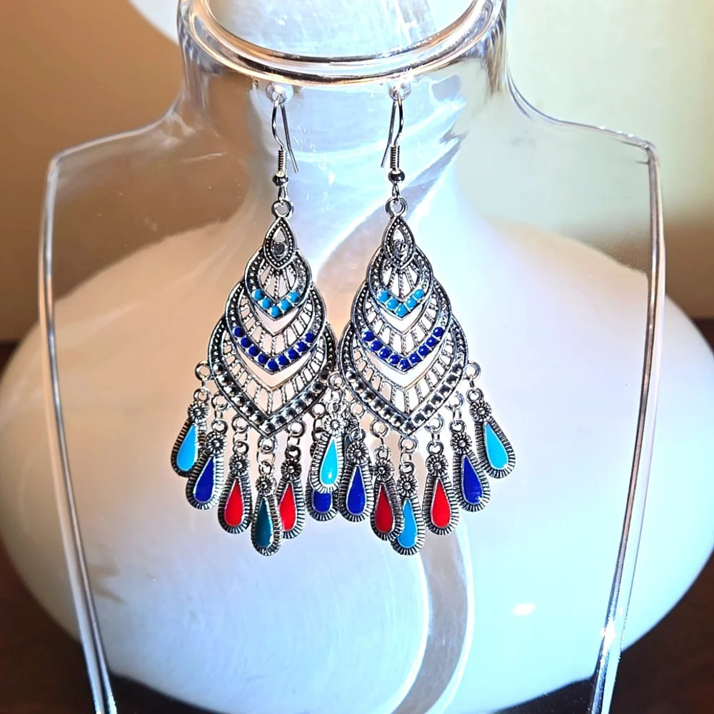 Boho Style Drop Earrings Silver Plated Inlaid Multicolored Gemstones